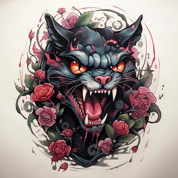 cat angry with flower illustration art