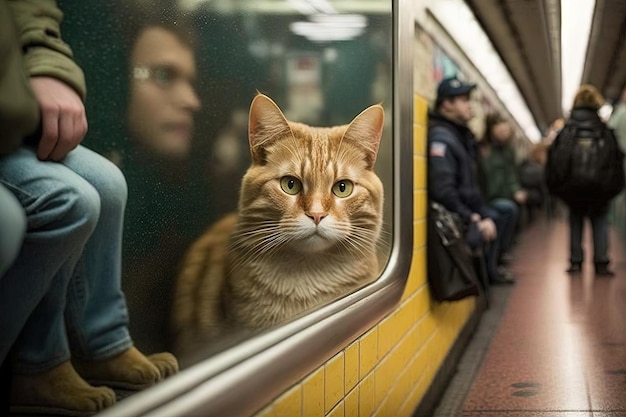 Cat animal on new york city subway underground metro train illustration generative ai