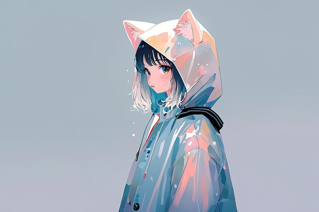 cat anime girl with raincoat digital art