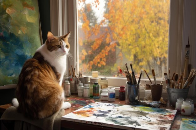 창가에 앉아 생성 AI로 만든 풍경을 그리는 고양이 예술가