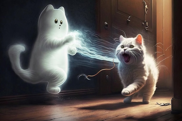 Cat as ghostbuster famous movie character catching a ghost portrait illustration generative ai