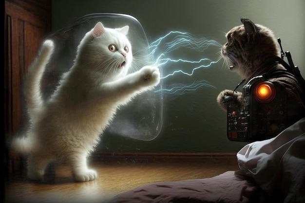 Cat as ghostbuster famous movie character catching a ghost portrait illustration generative ai