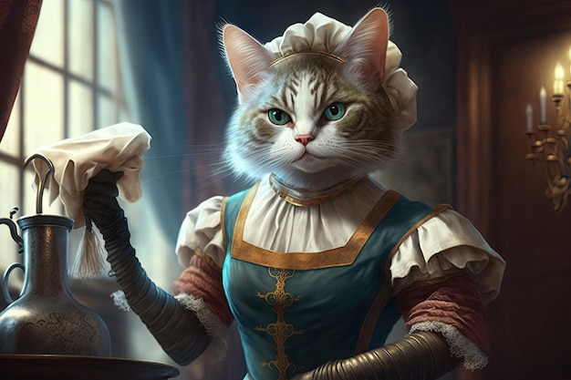 Cat as maid illustration generative ai