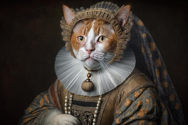 Cat as Queen Elizabeth I famous historical character portrait illustration generative ai