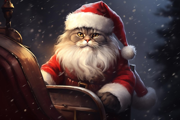 Кошка в качестве Санта-Клауса на санях иллюстрация рождественской карточки