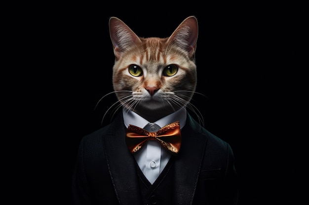 Cat as secret agent in tuxedo isolated on black bakground illustration generative ai