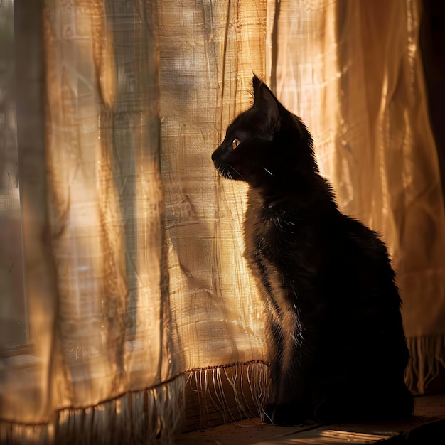 Cat as Silhouette Curtain Shadow Cast on Wall Diffused and G Creative Photo Of Elegant Background