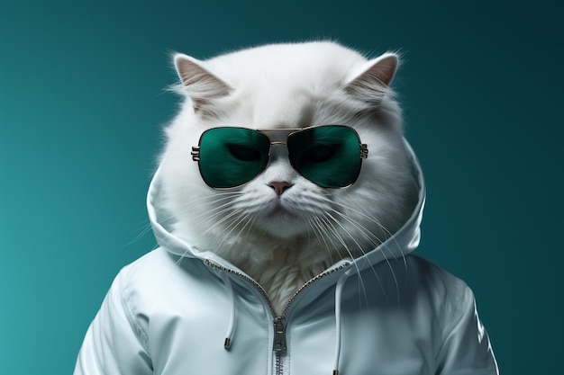 Cat as a super model dressing super cool and fashion commercial photograph clean background