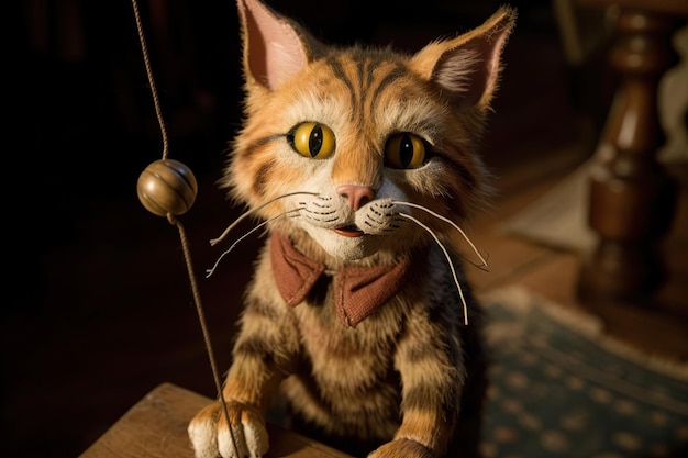 Cat as a wooden puppet pinocchio illustration generative ai