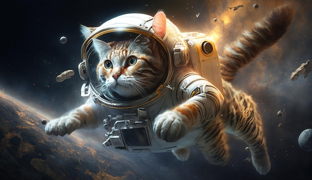 Cat astronaut floating in space Generative AI