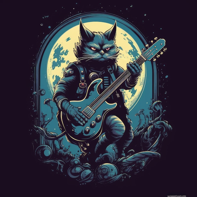 Cat astronaut guitar tshirt design mockup printable cover tattoo isolated vector illustration art