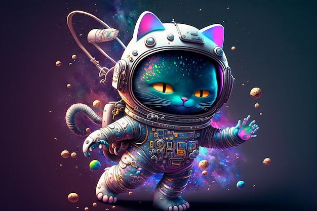 A cat astronaut is shown in a space suit.