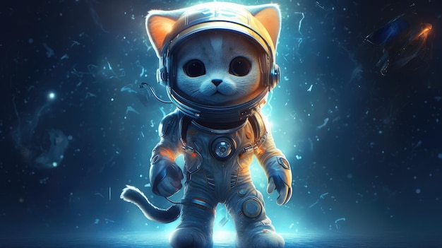 A cat astronaut is standing in a space suit.