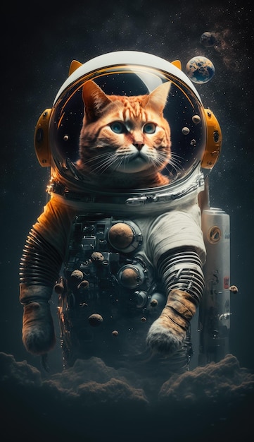 A cat astronaut is standing in a space suit.