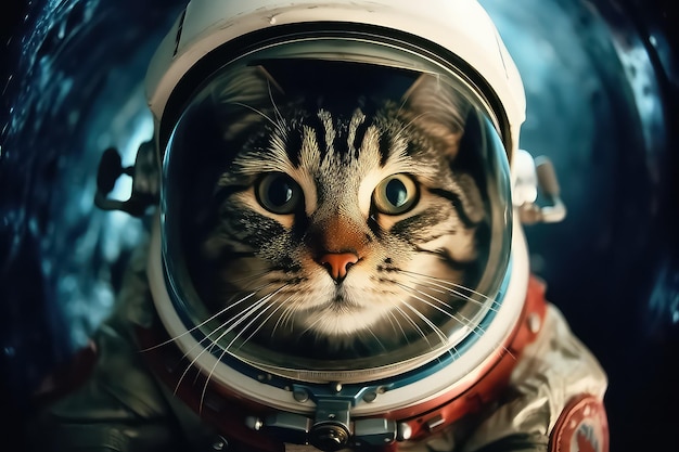 宇宙服を着てヘルメットをかぶった猫の宇宙飛行士 AI