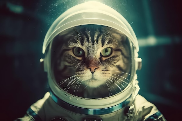 宇宙服を着てヘルメットをかぶった猫の宇宙飛行士 AI