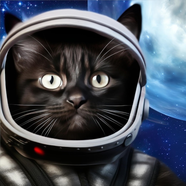 Photo cat astronaut in spacesuit and helmet space background ai generative