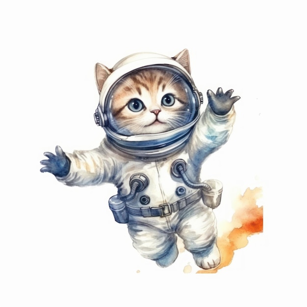 白い背景に隔離されたスペーススーツを着た猫の宇宙飛行士 水彩画