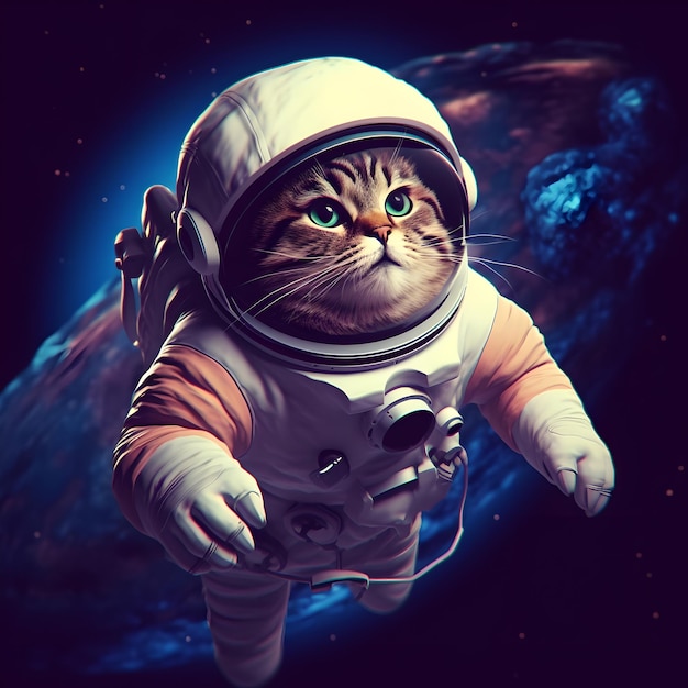 Кошка-астронавт в крошечном космическом костюме, плавающем в космосе и на фоне галактики, космическом пространстве, научная фантастика, обои