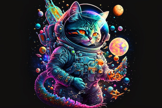 宇宙服を着て惑星を手に持つ猫の宇宙飛行士。