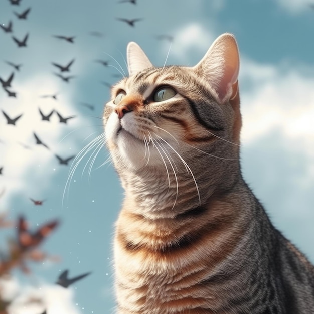 Cat on the background of flying birds AI generative