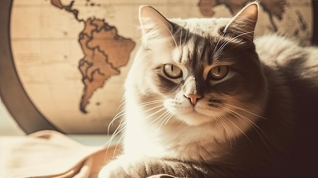 Cat on background of the world map retro style idea of postcard for day of cats generated by AI