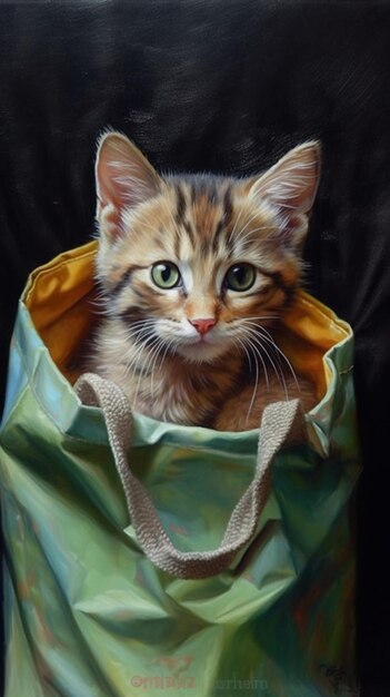 A cat in a bag is sitting on a black background.