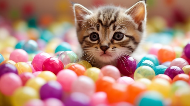 A cat in a ball pit