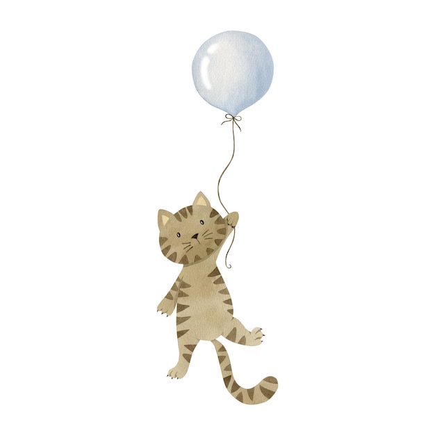 Cat on a balloon watercolor illustration isolated on white background