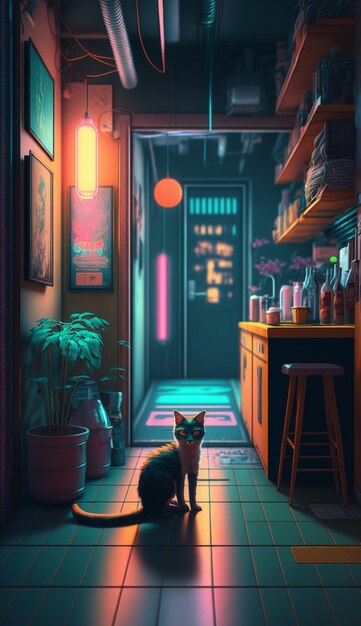 A cat in a bar with a neon sign that says'cat '