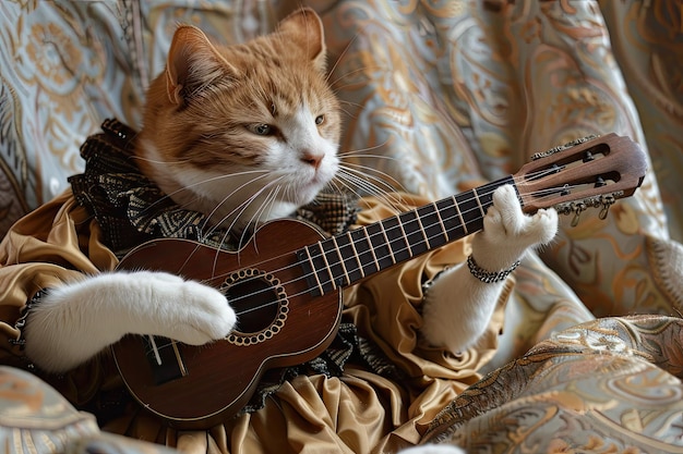 Кот Бард играет свою лютню Кот Менстрел Песня домашнего любимца Трубадур Музыка Средневековый кошачий певец
