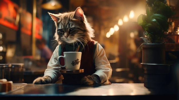 Кошка-бариста заваривает кофе в модном городском кафе