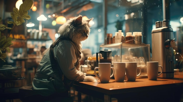 Cat barista die koffie brouwt in een trendy stedelijk café