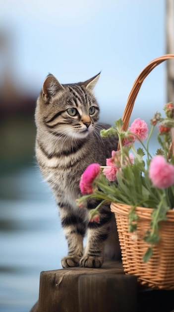 A cat next to a basket of flowers