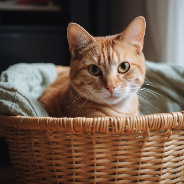 A cat in a basket is sitting on a blanket.