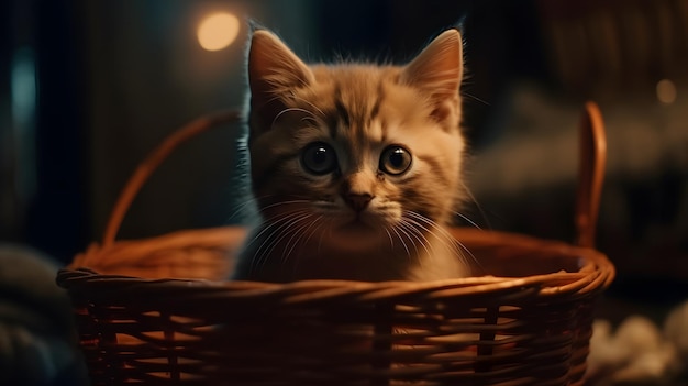 A cat in a basket with a christmas light on the bottom left corner