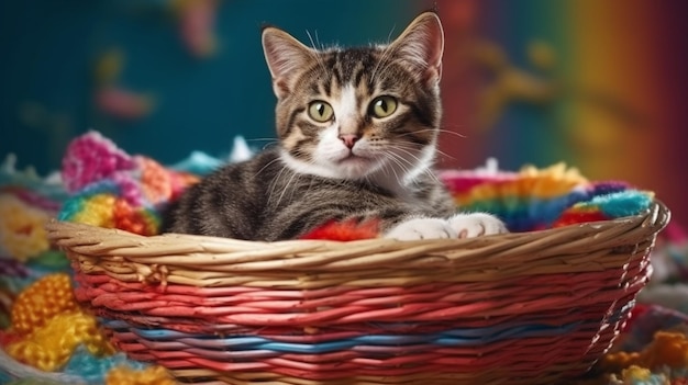 A cat in a basket with colorful blankets