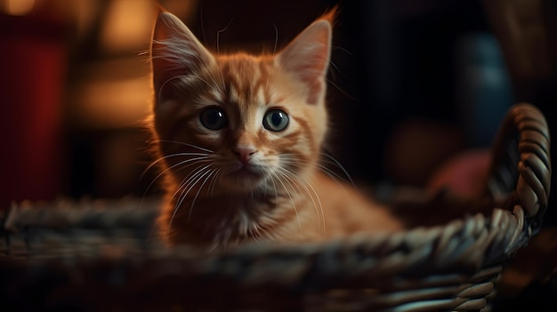 A cat in a basket with a dark background