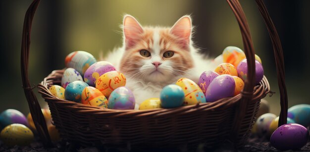 cat in a basket with easter eggs