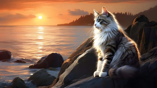 a cat basking in the warm sunset light on a coastal rock