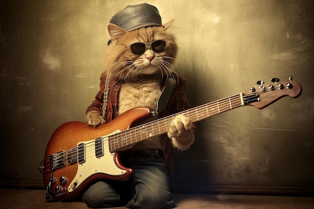 Cat bass player of Funky music 70s seventies illustration generative ai