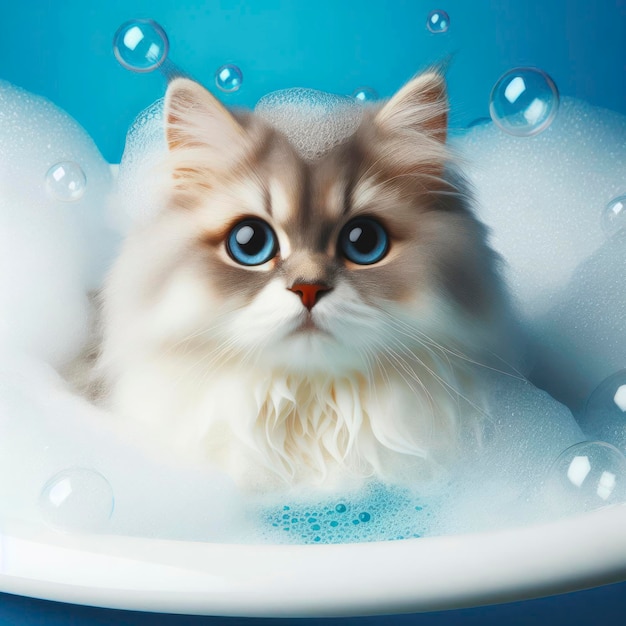 cat in bath with foam and bubbles blue background