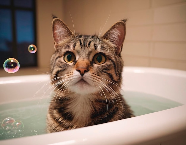 Cat bathing in bathtub looking at camera