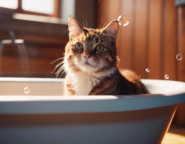 Cat bathing in bathtub looking at camera