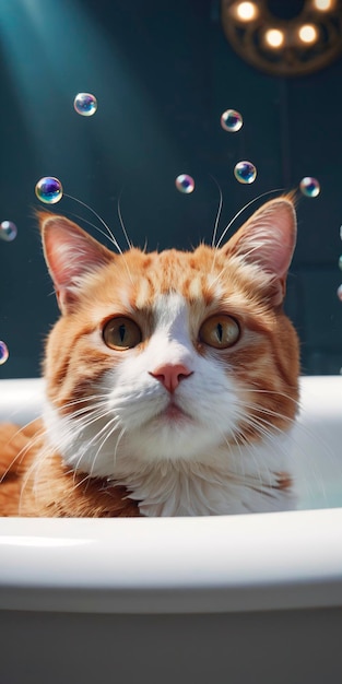 Cat bathing in bathtub looking at camera