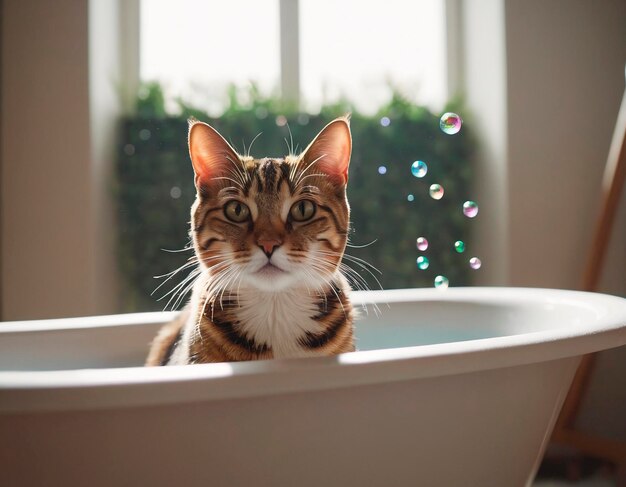 Photo cat bathing in bathtub looking at camera