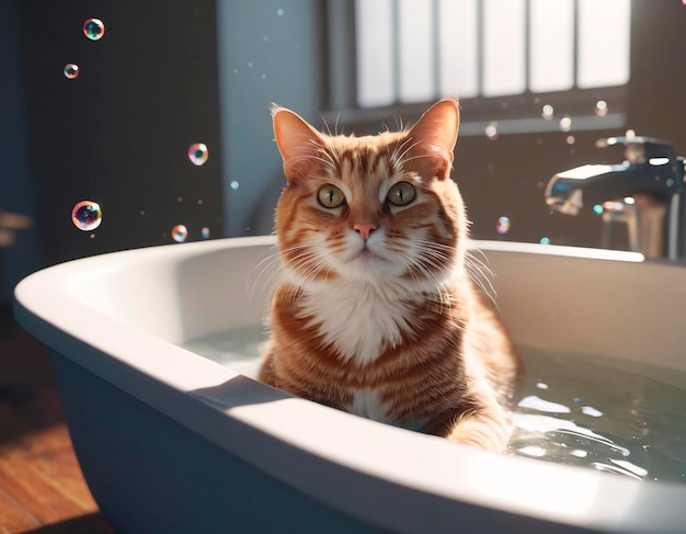카메라를 바라보는 욕조에서 목욕하는 고양이
