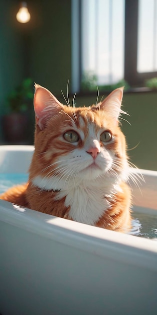 浴槽で風呂を浴びている猫