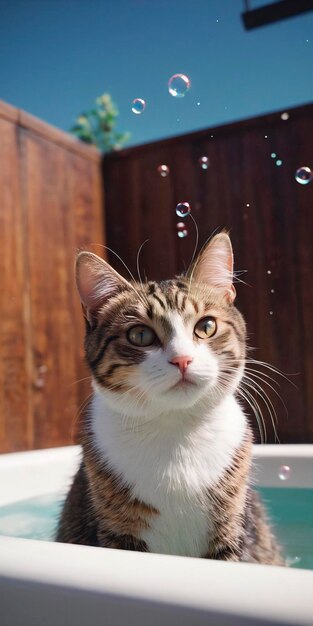Cat bathing in bathtub