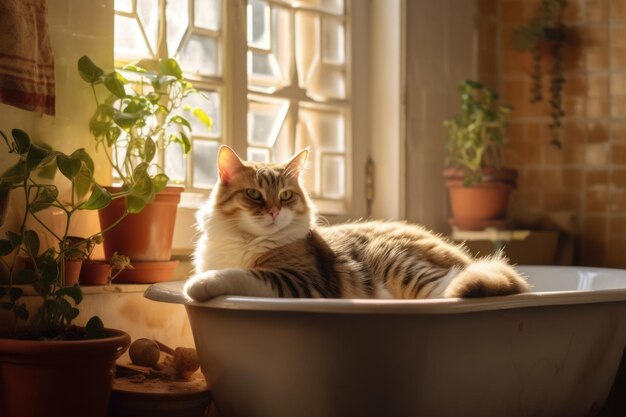 窓辺に植物が置かれた浴槽の中にいる猫